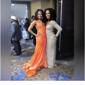 JVN by Jovani Vibrant Orange and Shimmering Silver Dresses